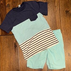 Class Club Navy and Light Blue Striped T-Shirt with First Wave Shorts. Size 6/7